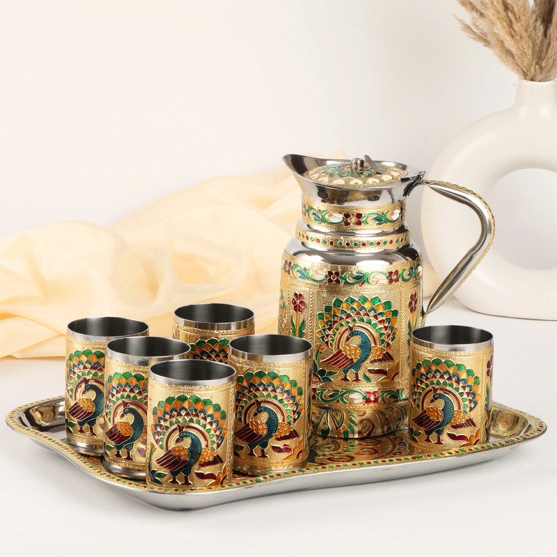 NAVRANG Lemon Set Steel Jug Glass Tray Set(Steel)