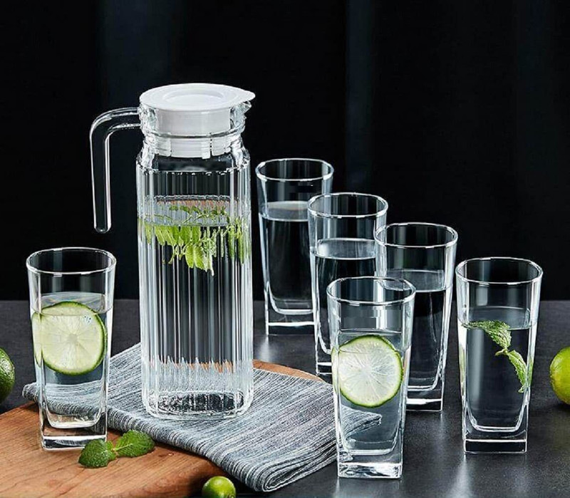 VLKMK 1300 ml with Lid Drinking Glasses Set 6 300ML Jug Glass Set(Glass)