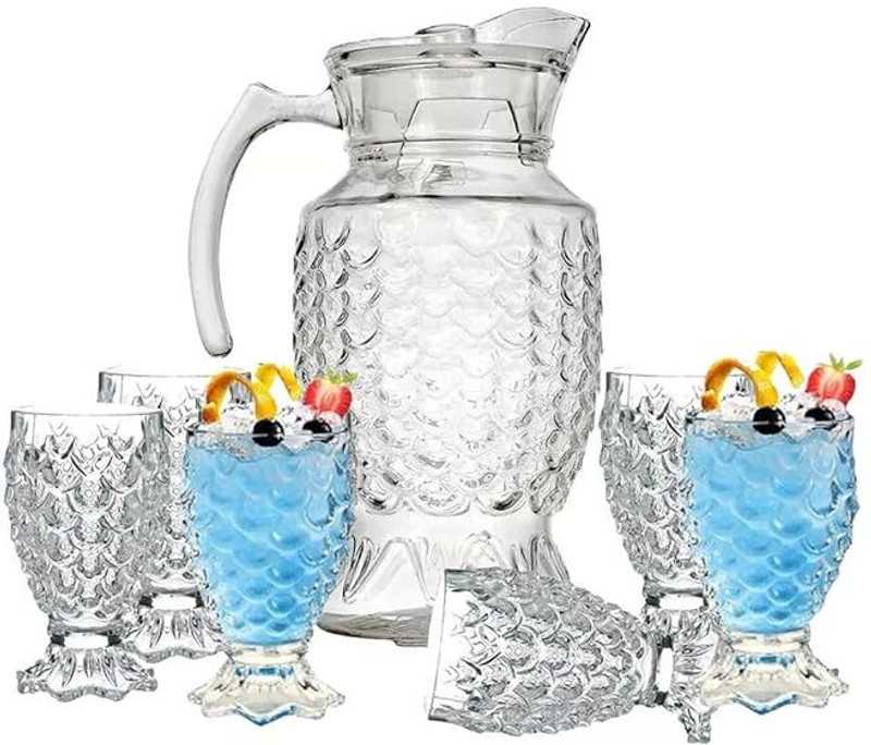 Red-Rubby Diamond Water Jug and Juice Glasses Set of 6 350ML and 1.8 Liter Jug Glass Set(glass)