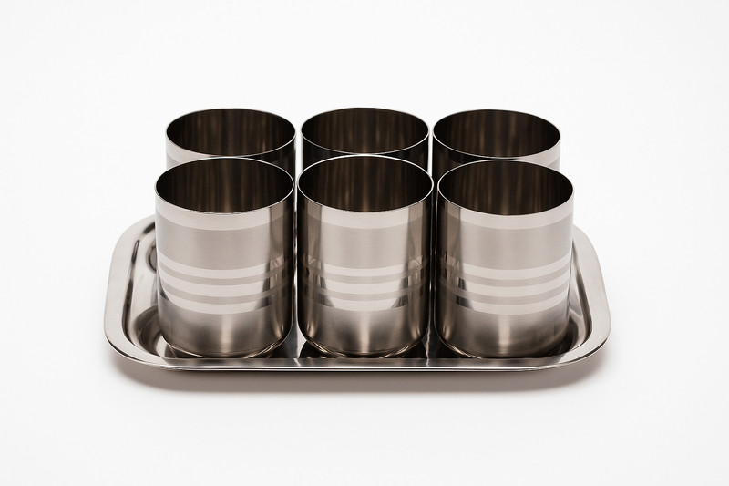 Dynore Water & Juice Glass Set with Elegant Tray | 6 Glasses (300 ml) Glass Tray Set(Stainless Steel)
