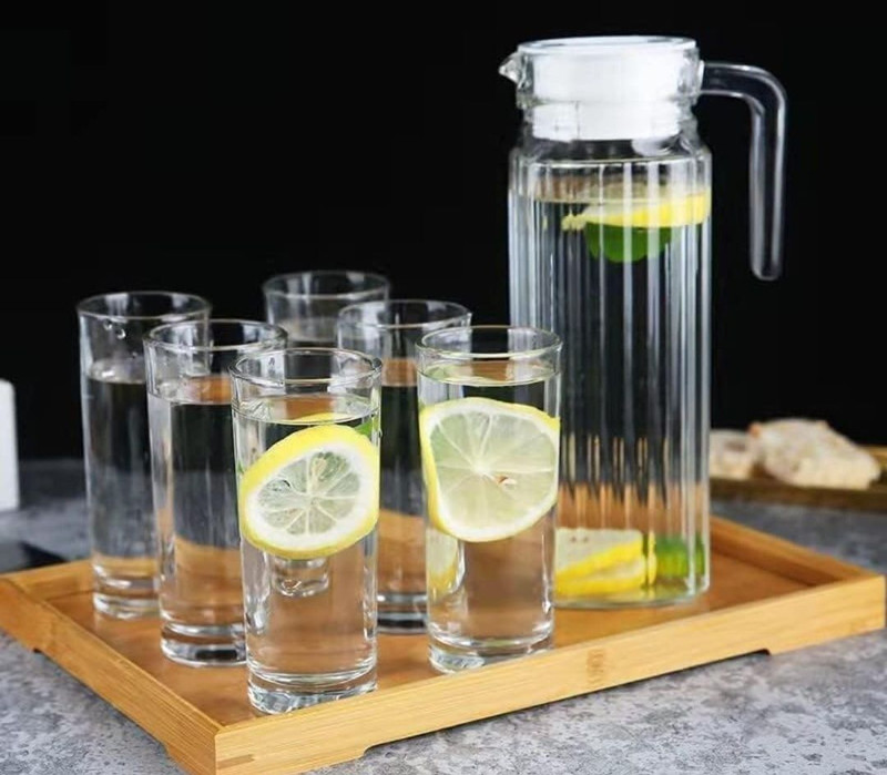 PKMSHO Water Glass Jug | Set of 7 Pcs | 1 Jug (1100 ML), 6 Glasses (260 ML) | Jug Glass Set(Glass)