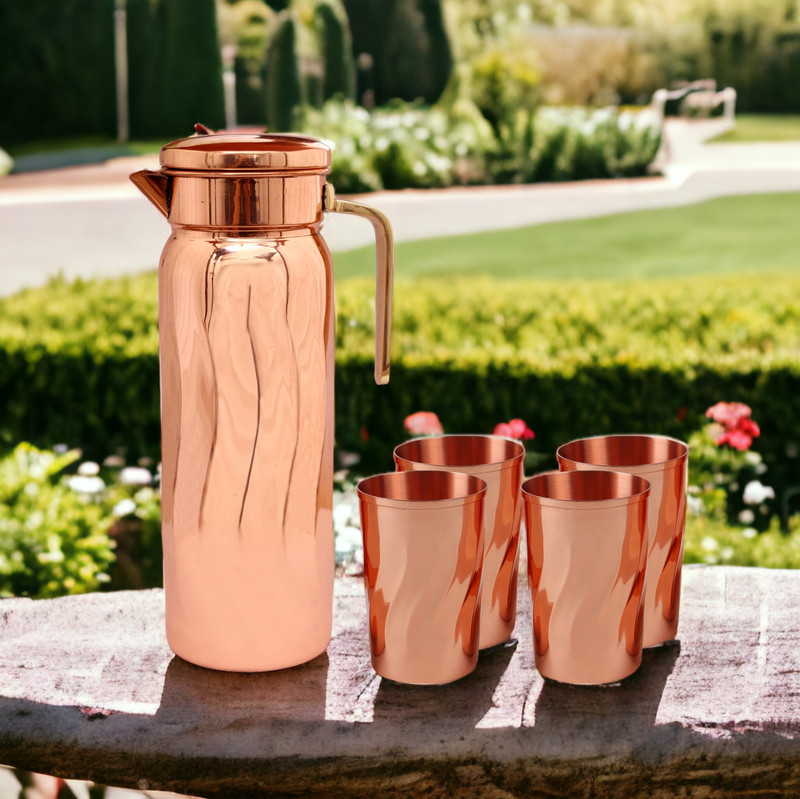 Le Casa Broc Pitcher 5PC Set |Glass -315ML Each|100% Pure Copper with ISO Certification| Jug Glass Set(Copper)