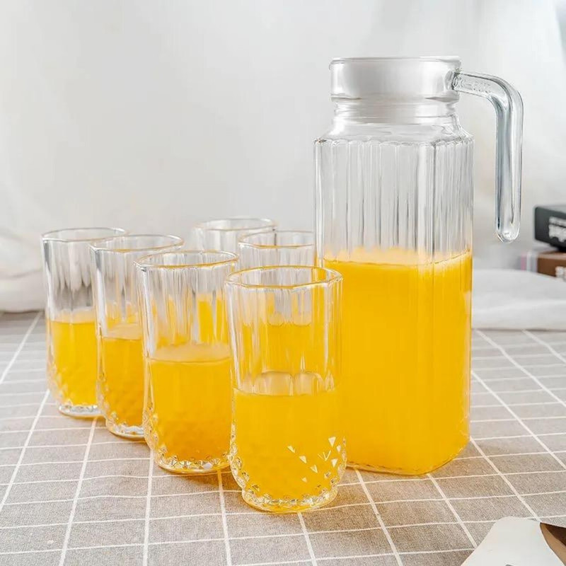 GOLDFINCH Premium Glass Lemon Set, 7 Pieces, 1 Jug 1000ML with 6 Glass 250ML, Transparent Jug Glass Set(Glass)