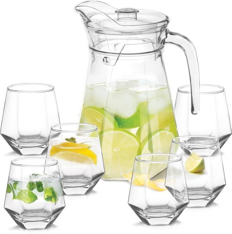 ROSEFINCH 7-Piece Geometric Glass Water Jug and Tumbler Set - Diamond Shaped Jug Glass Set(Glass)
