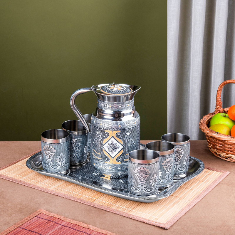 NAVRANG Glass-Jug with Serving Tray | Meenakari Set for Home, Kitchen, Dining & Gifting Jug Glass Tray Set(Stainless Steel)