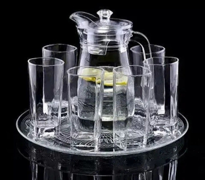 SMILERY Water Glass Jug with Glass Lemon Set of 7 Pcs Glass Jug (1.3ML),6 Glass(280ML) Jug Glass Set(Glass)
