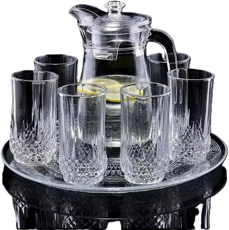 LELART 1.3 L Glass Water Jug with 6 × 250 ml Diamond-Cut Drinking Glasses Set Jug Glass Set(Glass (Soda-lime, clear, lead-free))