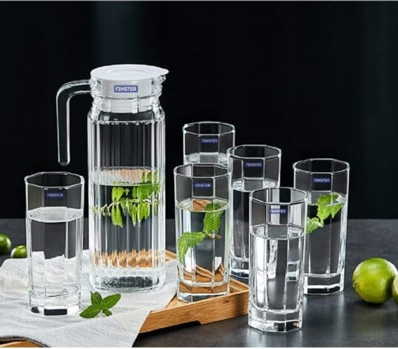 KNPL Premium Crystal 1 Clear Glass Water 1100ml Jug with 6 Pieces Tumbler Set Jug Glass Set(Glass)
