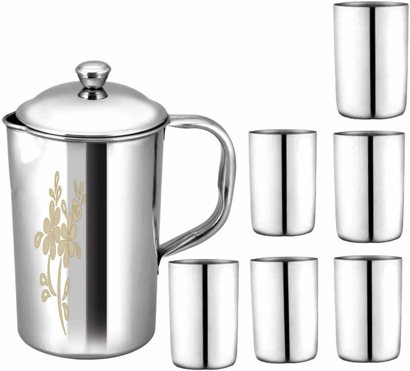 STEEPLE steel jug with glass | 2 litre Jug | Steel Jug With 6 Glass Set For Dining Table Jug Glass Set(Stainless Steel)