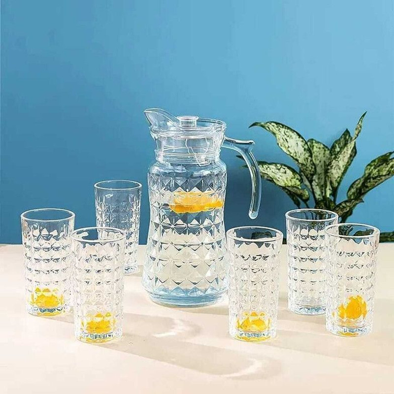 SMILERY Water glass jug set (6pc glass 270ML) 1pc water jug 1.8Liter lemon milk Jug Glass Set(Glass)