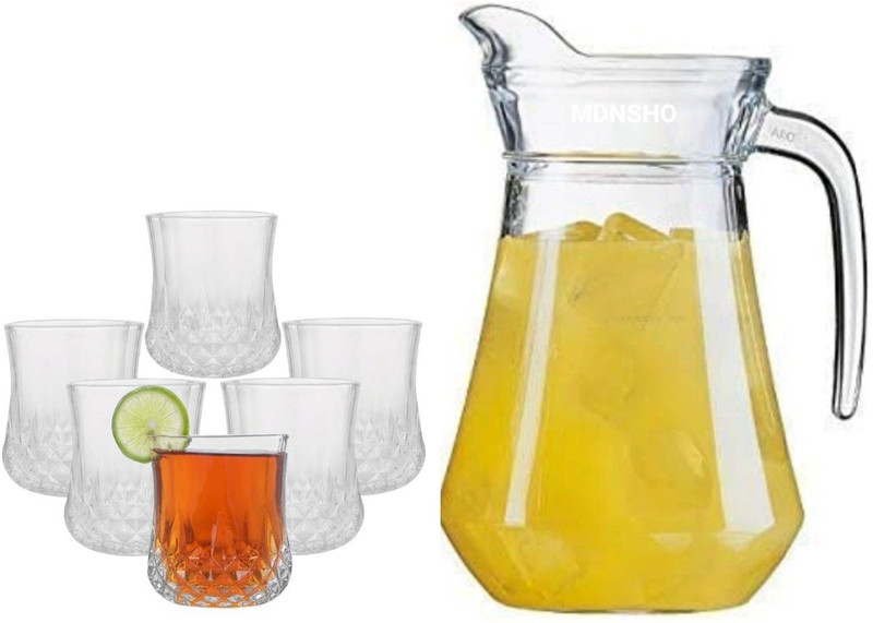 MDNSHO Crystal new latest design water juice lemmon set 7pcs 1 jug 6 glass Glass Tray Set(glass)