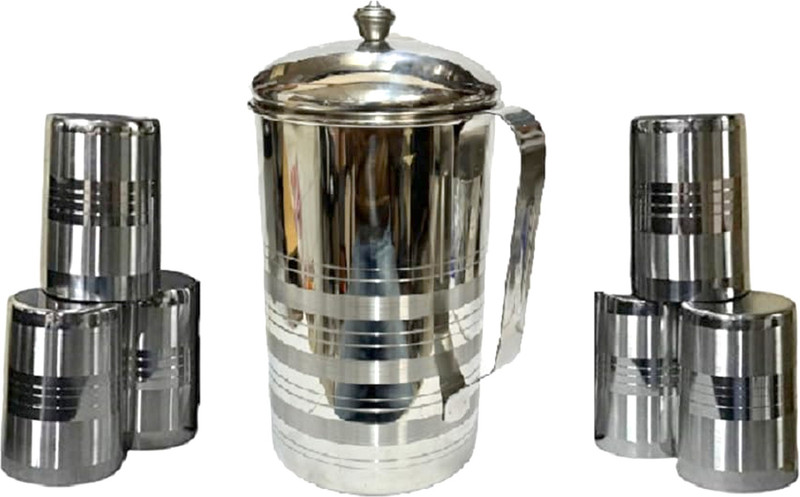 Dynore Stainless steel Set Of 6 Round Glass and 1 Delux Jug 2 Ltr Jug Glass Set(Stainless steel)