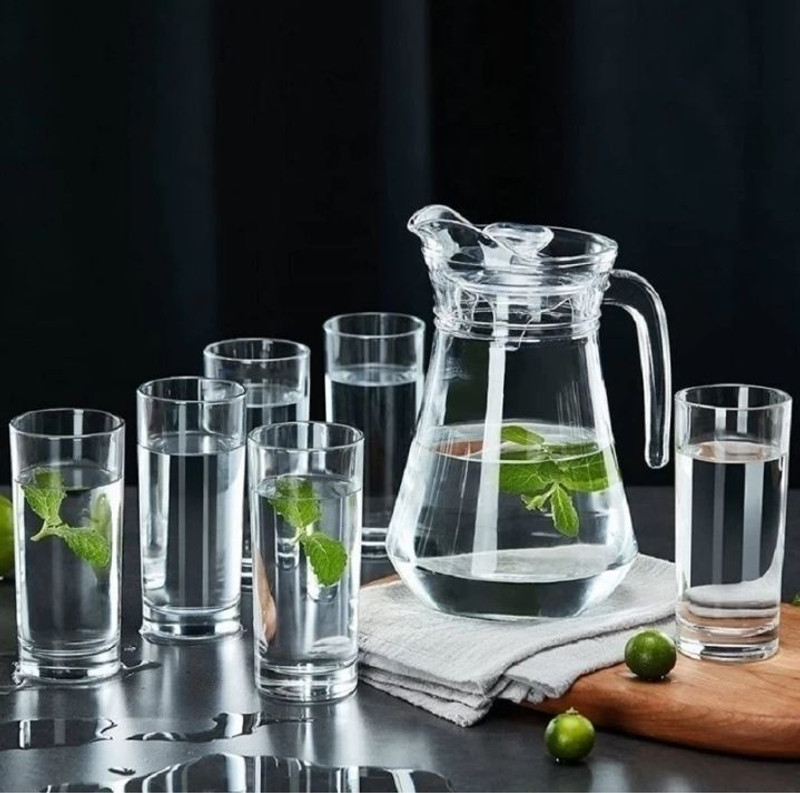 MDNSHO Premium Water and Juice Glass Set of 7 and (1 Water Jug 1.3 Liter and 6 Glass Jug Glass Set(glass)