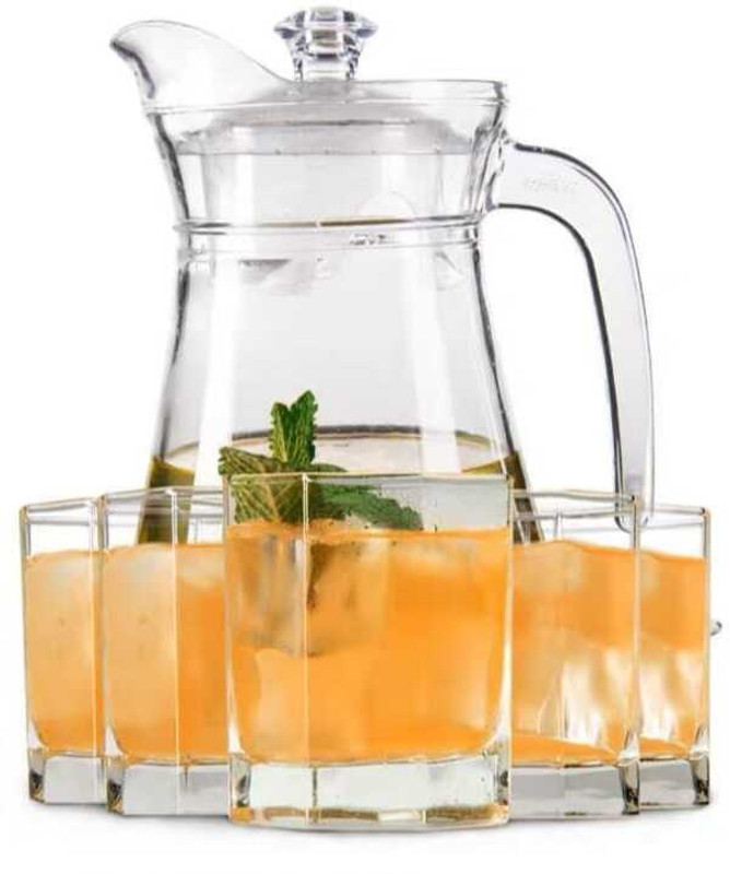 S1Store Round Jug 1.3 Litter And Six Small Hexa Glass Set 220 Ml, Jug Glass Set Of 7 Jug Glass Set(Glass)