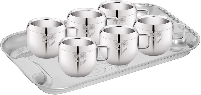 LIMETRO STEEL Combo set for Serving Tea, Coffee Cups and Tray ( 6 Tea Cups, 1 Tray) Glass Tray Set(Steel)