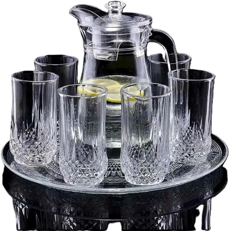 SMILERY 1.3 L Glass Water Jug with 6 x 235 ml Diamond-Cut Drinking Glasses Jug Glass Set(Glass)