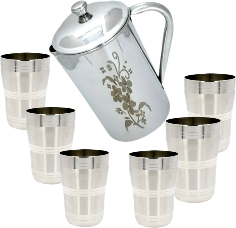 Qality Stainless Steel 2 Liters 1-Jug & 6-Glass Combo Jug Glass Set(Stainless Steel)