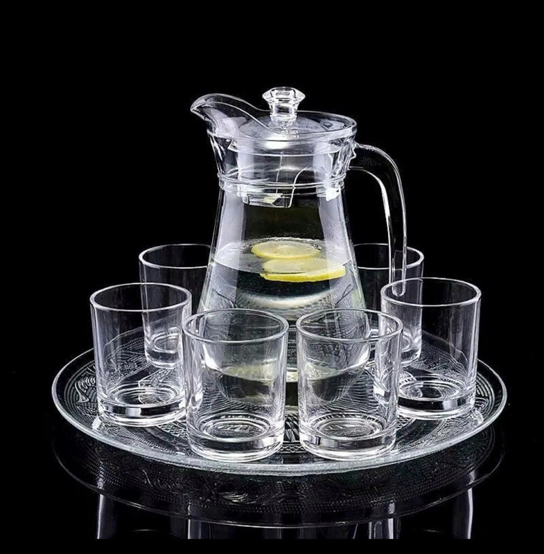 S1Store New Designer Water & Juice Jug Glass Set Of 7, 1.3L Jug With Lid & Transparent & Clear 250ML Glass, Jug Glass Set (Glass) Jug Glass Set(Glass)