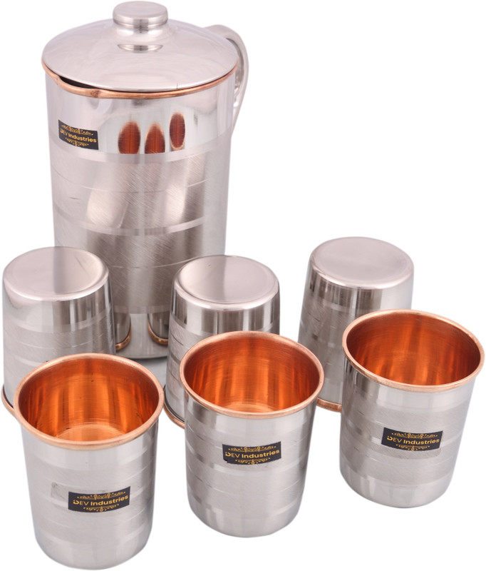 Dev Industries Handmade 1.5 Ltr Pure Copper Steel JUG with 6 Copper Steel Glasses (200ML Each) Jug Glass Set(STAINLESS STEEL, COPPER)