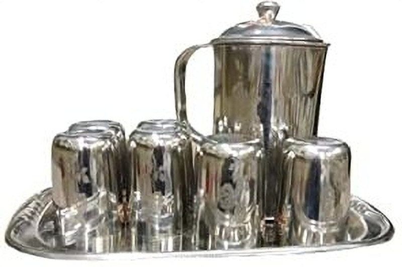 AR Enterprise Stainless Steel Lemon Set 1JUG/6 Glass(350 ML) & Serving Tray/for Kitchen Jug Glass Tray Set(Stainless Steel)