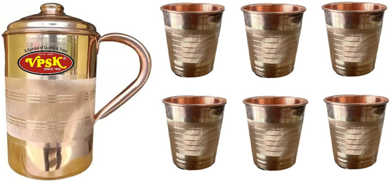VP TRADERS COPPER JUG 1.5 LITER WITH 6 GLASS ( 350 ML WATER CAPACITY) Jug Glass Tray Set(COPPER, kansa)