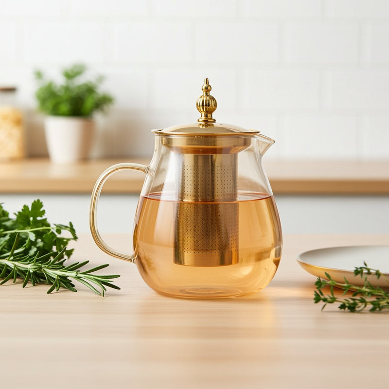 Cozify 1ltr Glass Teapot with Stainless Steel Infuser & Golden Lid Tea Urn(1000 ml)