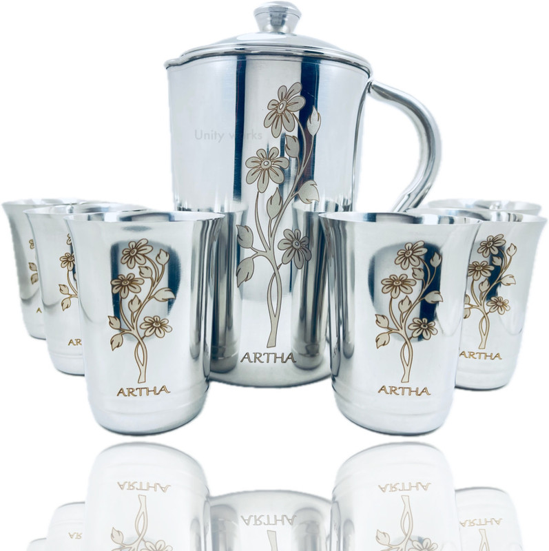 Artha Presents Stainless Steel Laser Printed Export Quality Jug Glass Set With Mirror Polish And Perfect Grip Jug Glass Set(Stainless Steel)