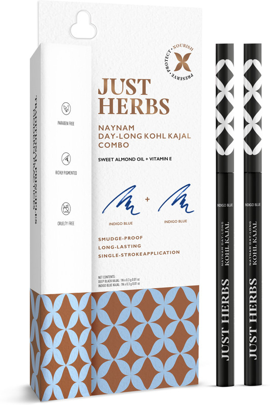 Just Herbs Naynam Day Long kohl Kajal Smudge-Proof Sweet Almond Oil & Vitamin E Set Of - 2(Indigo Blue, 0.6 g)