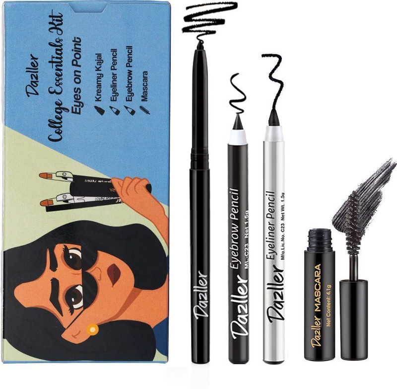 Dazller College Makeup Essentials-4, Kreamy Kajal+Mascara+Eyeliner Pencil+Eyebrow Pencil(Black, 6.85 g)