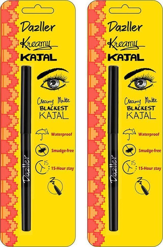 Dazller Kreamy Kajal, (Pack of 2), 15 Hour Stay, Water-Resistant, Creamy Matte Finish(Black, 0.35 g)
