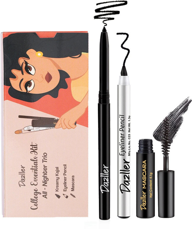 Dazller College Makeup Essentials-3, KreamyKajal + Mascara + EyelinerPencil, MatteFinish(Black, 5.95 g)