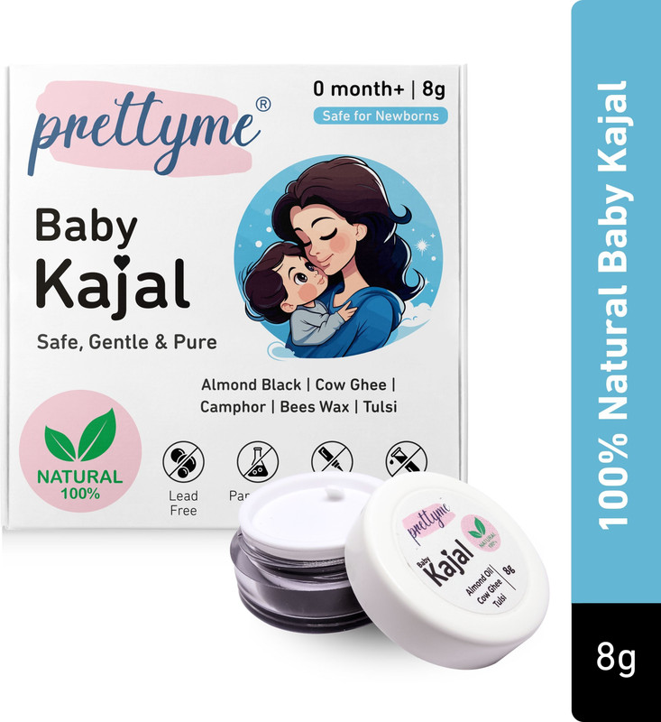 prettyme Baby Kajal | 100% Natural & Organic | Tulsi, Camphor, Cow Ghee | Safe For Babies(Natural Black, 8 g)