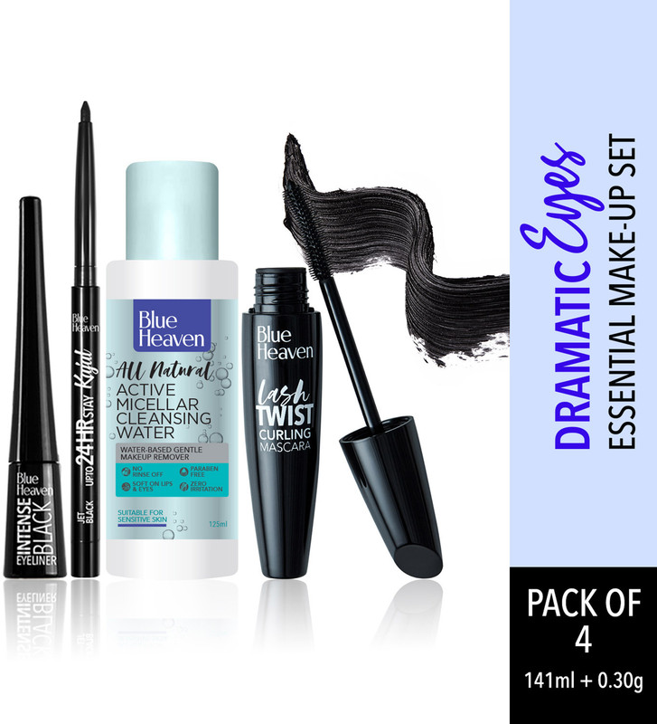 BLUE HEAVEN Dramatic Eyes Essential Make-up Set-Mascara+ Kajal+ Eyeliner + Micellar Water(Black, 141.3 ml)