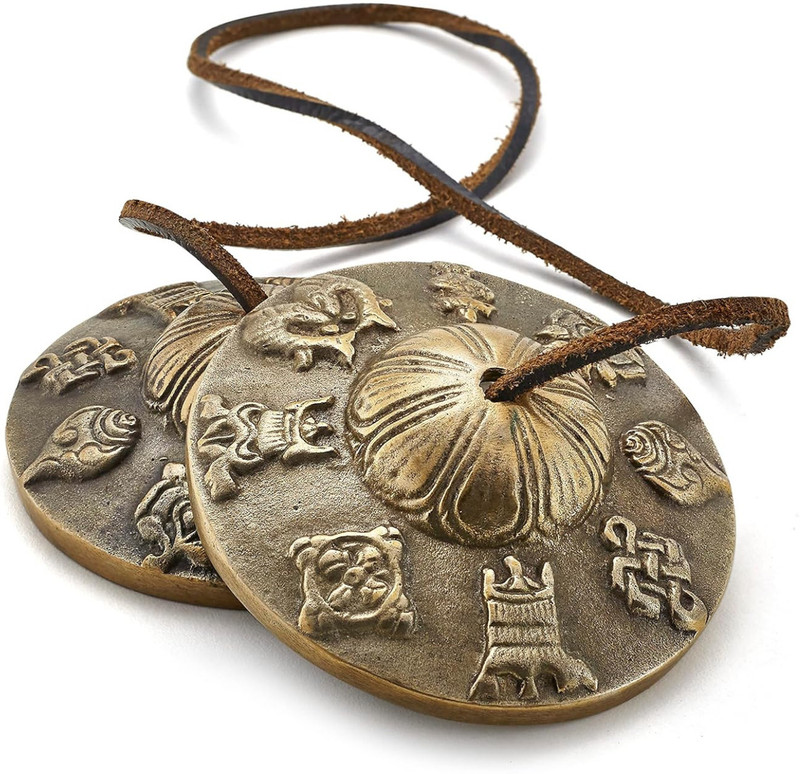 The Healing Store brass tingsha bell manjeera for meditation om mani mantra with leather chord Kartal Instrument