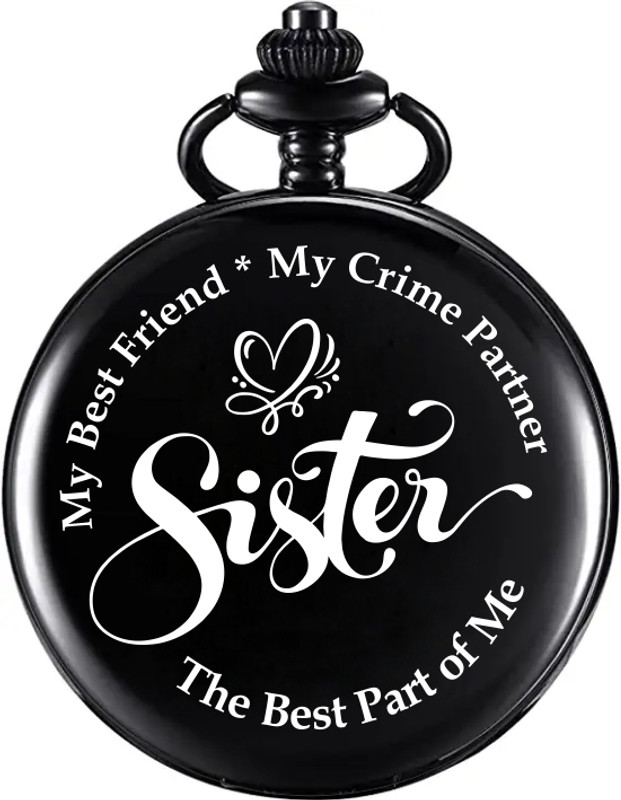 GT Gala Time Best Sister Ever, Antique-Style with Personalised Messaged Pocket Watch, Stainless Steel Premium Quality Retro themed Classic pocket watch For Gifting Black Stainless steel Pocket Watch Chain