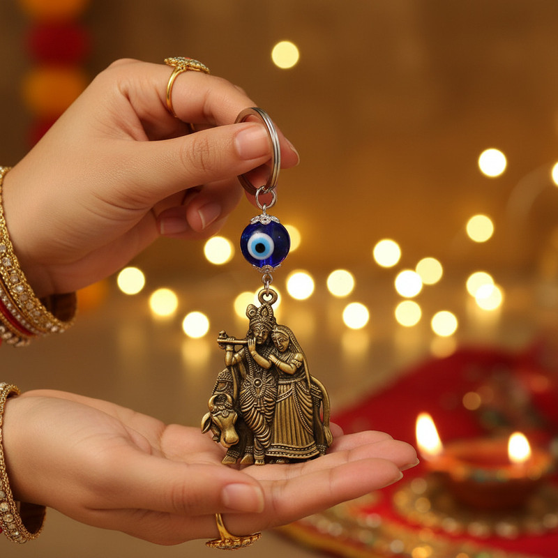 AFH Shri Radha Krishna Cow Bronze Idol Evil Eye Keychain for Men and Women Key Chain
