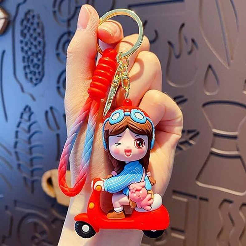 GKM Cute Girl On scooty 3D pvc keychain with strap for girls Key Chain