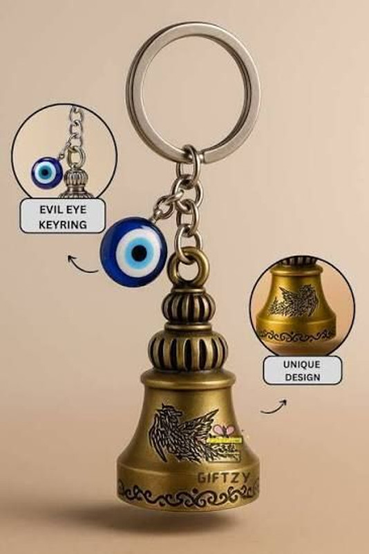 Giftzy Evil Eye Guardian Bell Keychain For Bike Spiritual Lucky Charm Ghanti For Car Key Chain