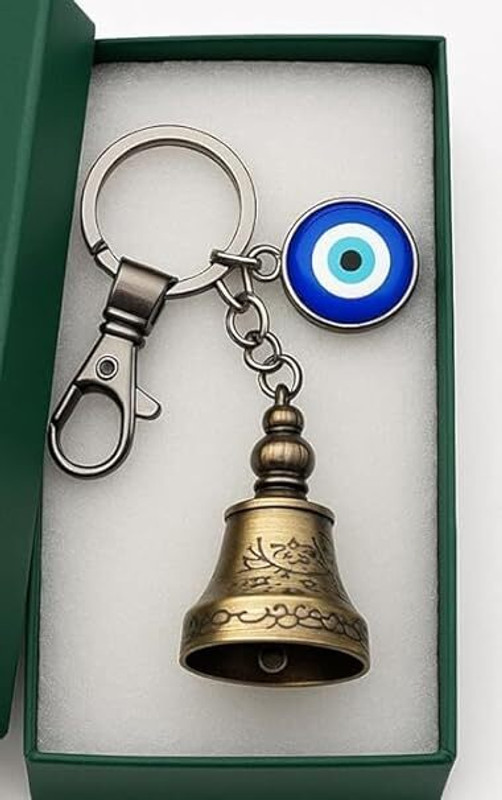 Bodytech Guardian Belll KeyChain Temple Bell with Evil Eye & Black Hook Keyring Key Chain