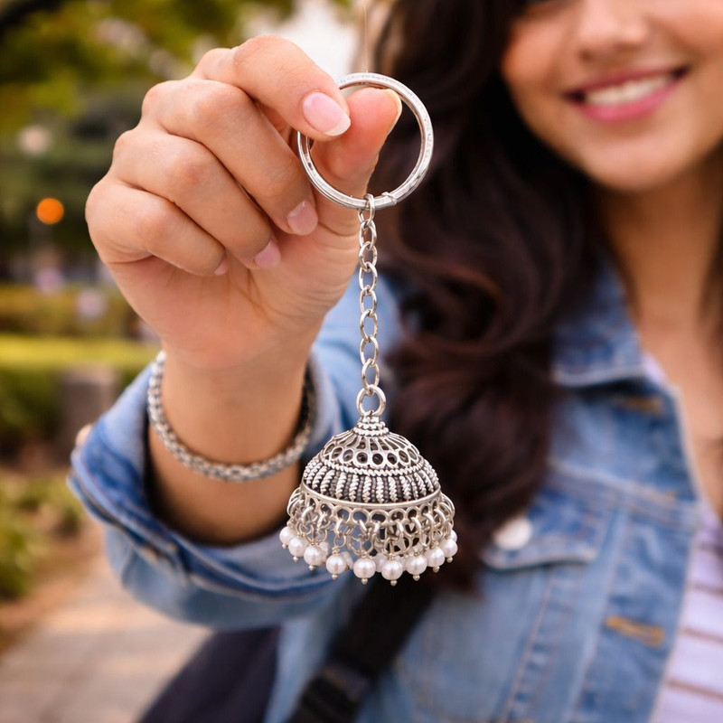 Rangmoti Jhumka Key Ring Bike Key Chain for Trending Jhumka Silver Key Chain Key Chain