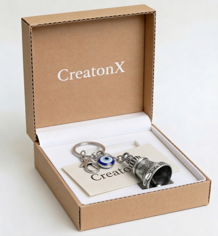 creatonX Silver Guardian Bell Key chain for Bike & Car Tibetan Texture with Evil Eye Key Chain