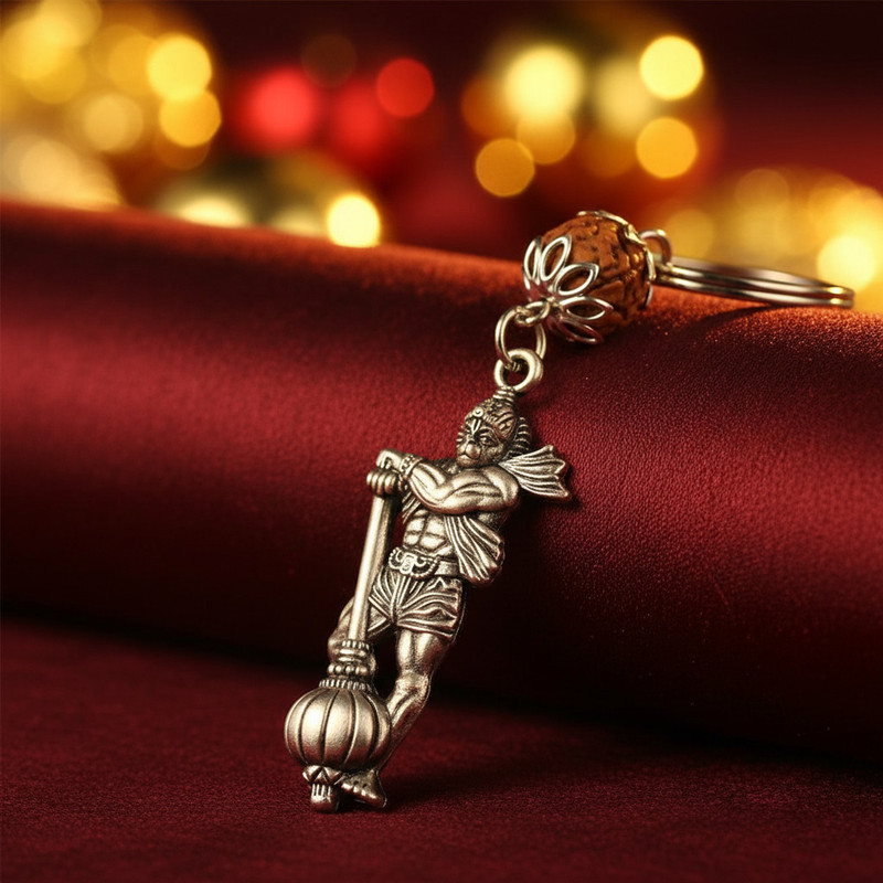 AFH Jay Shree Ram Gadhadhari Lord Hanuman Grey Rudraksha Keychain for Men and Women Key Chain