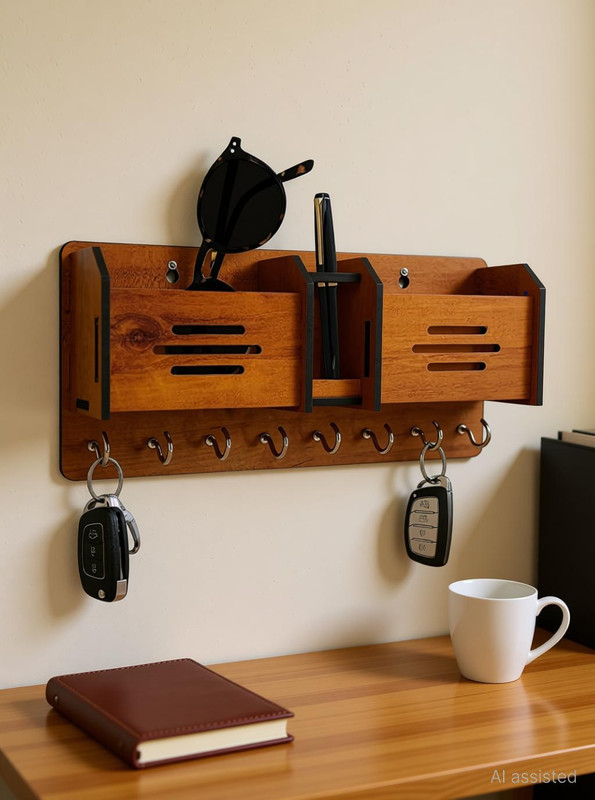 SK PARO Wood Key holder/key hanger/2box mobile stand/pen stand Wood Key Holder(8 Hooks, Brown)