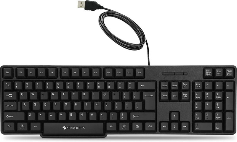 ZEBRONICS Zeb-K20 / Zeb-K65 Wired USB Standard Desktop Keyboard Compatible with Desktop, Laptop, Mac UV Coated Keys, USB Interface, Retractable Stand, Plug and Play(Black)