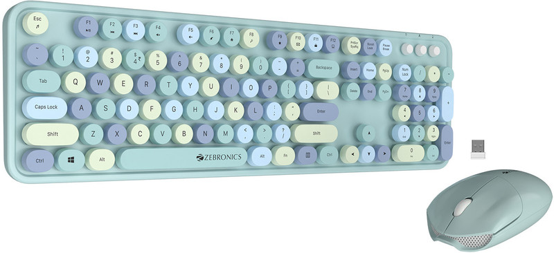ZEBRONICS Zeb-Companion 300 Wireless Keyboard with Retro Keys and Mouse set (BLUE) Wireless Standard Desktop Keyboard Compatible with Desktop, Laptop, Mac Zebronics-Companion 300 (Retro Style) Wireless Mouse & keyboard combo with 2.4GHz Nano receiver, Rounded Keys,Integrated Multimedia control and P