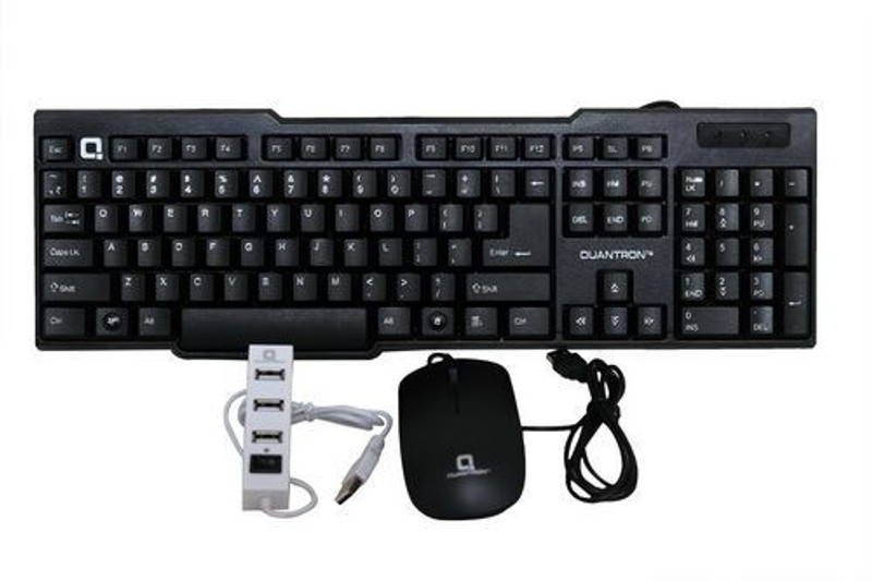 Quantron QKB-15 WIRED KEYBOARD + QMU -535 WIRED MOUSE +QUH -210 4 PORT USB HUB COMBO PACK Wired USB Standard Desktop Keyboard Compatible with Desktop, Laptop, Mac(Black)
