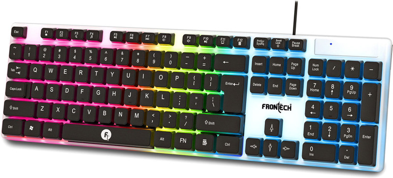 Frontech KB-0042 Wired Keyboard | RGB Backlight | 104 Keys Wired USB Standard Gaming Keyboard Compatible with Desktop, Laptop, Mac with gaming mode ,stand support,multimedia_keys(White, Black)