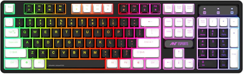 Ant Esports MK1400 / Rainbow LED Illumination, White and Black Keycaps, Backlit Membrane Wired USB Standard Gaming Keyboard Compatible with Desktop, Laptop, Mac Backlit Membrane Mixed Colour Lighting, White & Black Keycaps, Double Injection Key Caps(Black)
