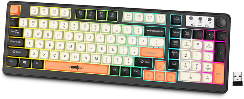 Frontech Gaming Keyboard | 98 Keys | 19 Anti-Ghosting Keys | 2.4GHz & BT 5.1 | RGB | Wireless Standard Gaming Keyboard Compatible with Laptop(Black&Orange&White)