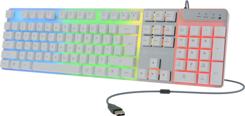 ZEBRONICS War-K Wired USB Standard Gaming Keyboard Compatible with Desktop, Laptop, Mac 104 Keys, Multi-Color LED, 1.8m Braided Cable, Anti-Ghosting 19 Keys(White)